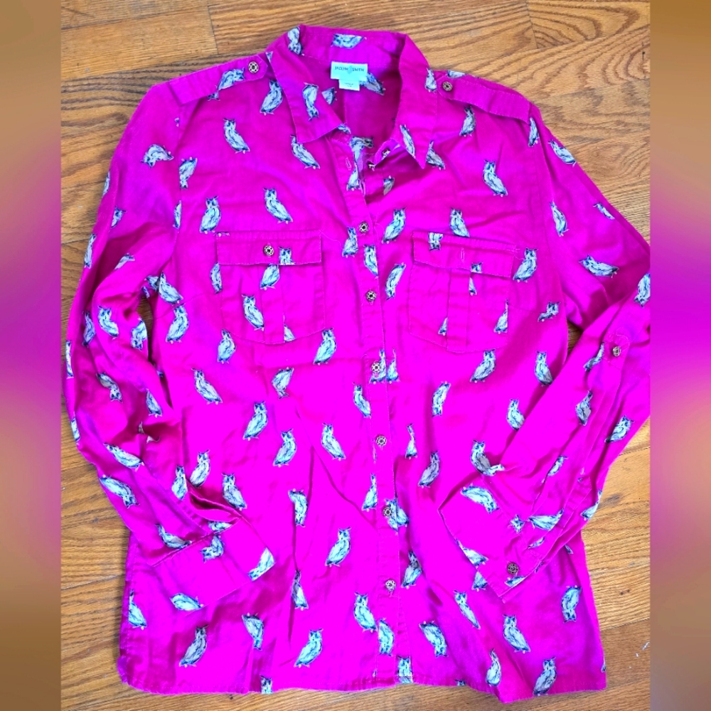 🦉Hot Pink Owl Print Bitton Down Sz L🦉
